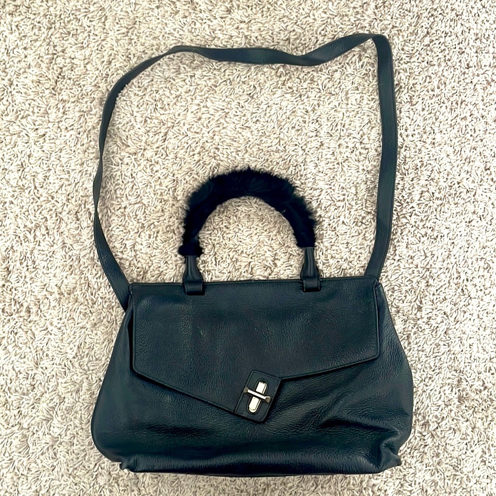 ELA genuine leather fur trim handle handbag